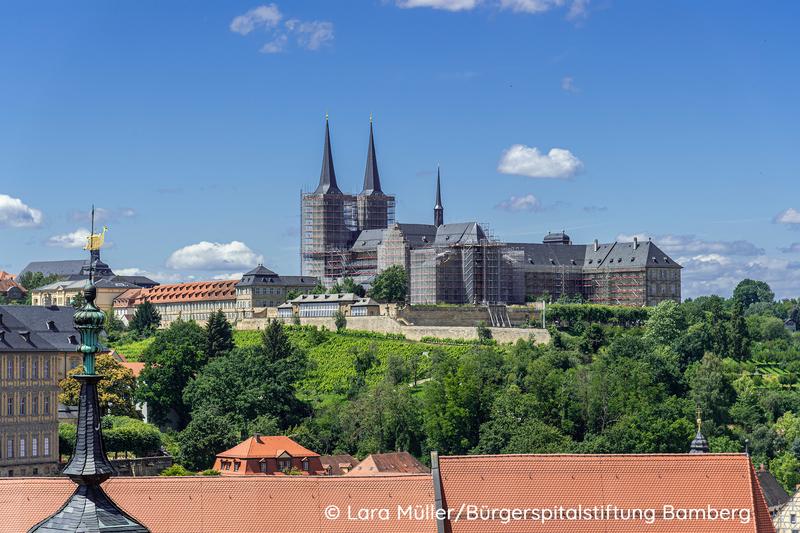 Die voll eingerüstete Abteikirche mit dem Konventbau 2020 Die voll eingerüstete Abteikirche mit dem Konventbau 2020